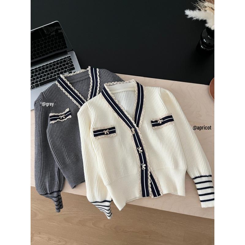 2026 Autumn French-Style Elegant Color Block Stripe Lace Knit Cardigan