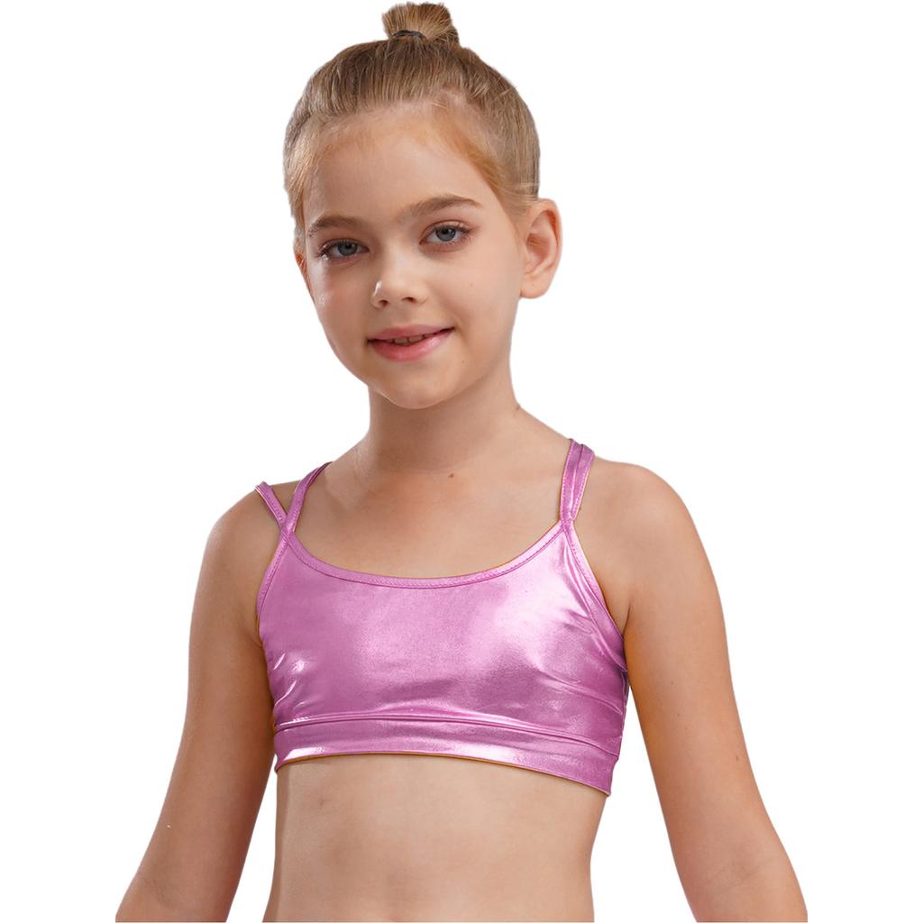 Girls Gymnastics Dance Camisole Crisscross Strappy Back Metallic Crop Top