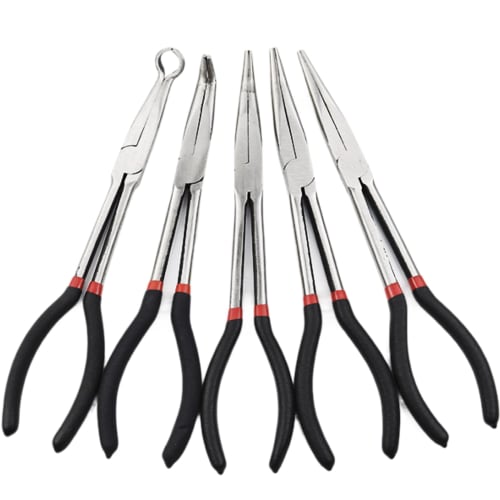 Ailunate Long Nose Pliers, Tapered, Serrated, 0-, 25-, 45-, and 90-Degree Bends, O-Shaped, 5-Piece Set
