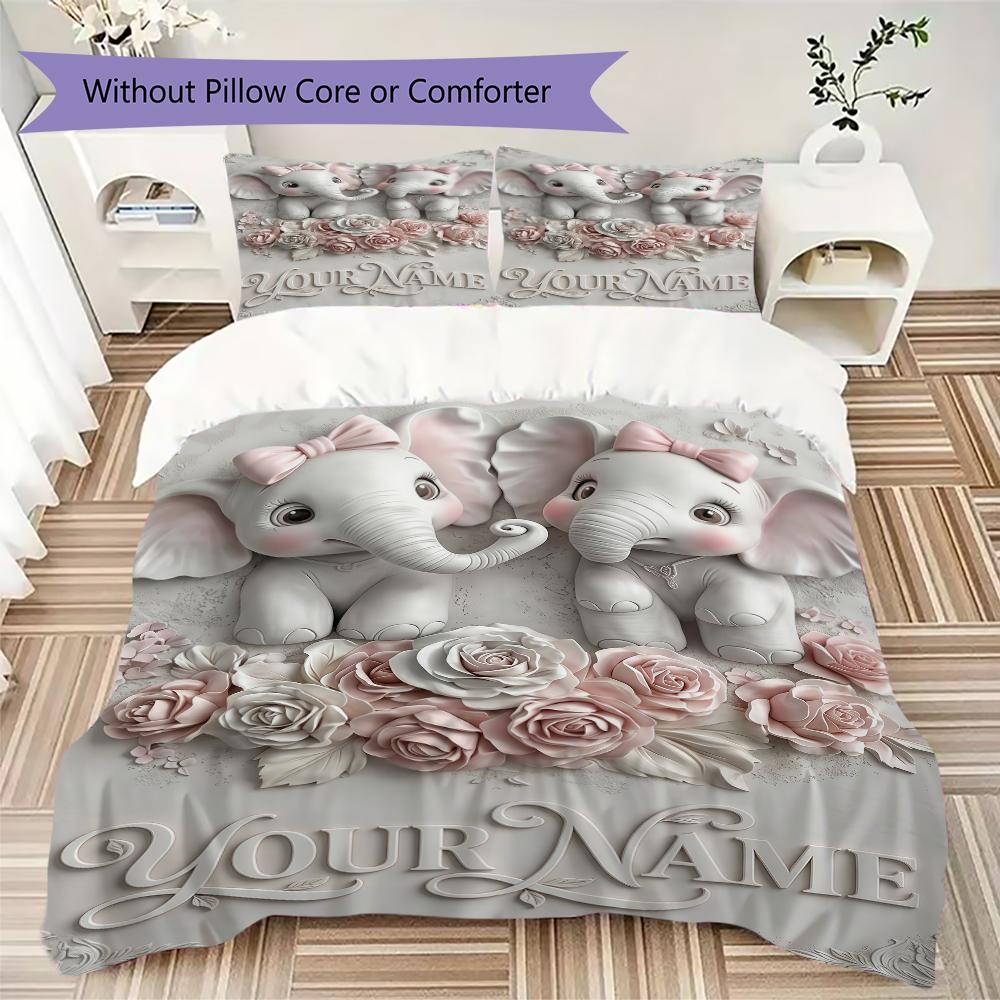 Custom Name Jungle Elephants Waterfall Bedding,Quilt Set Quilt Cover Pillowcase Home Birthday Gift(1 * Duvet Cover + 2 * Pillowcase, Without Core)_lx
