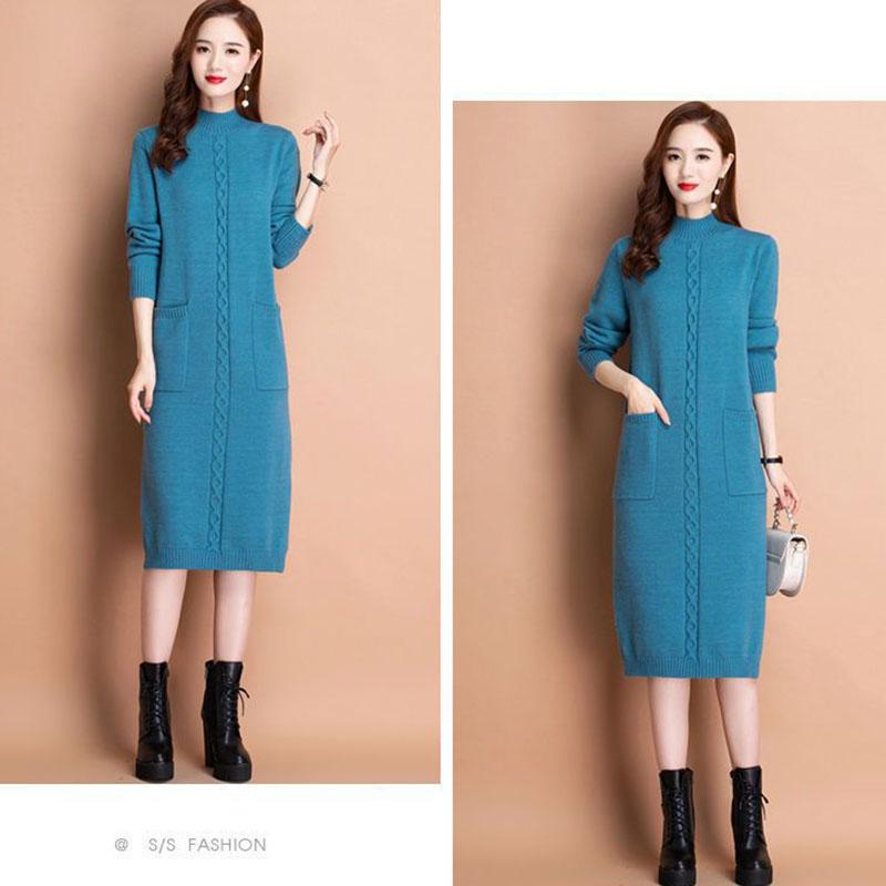 Autumn Winter Women's Half Turtleneck Knit Dress Slim Fit Solid Color Pullover Long Sweater Dress