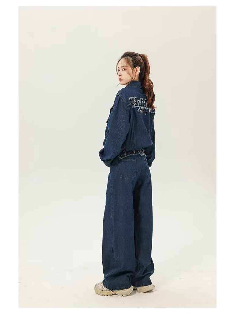 Patchwork Embroidery Denim Jacket and Wide-Leg Pants Set for Men & Women - Autumn Fashion, Retro College Style