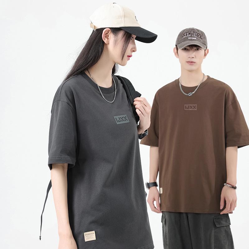 Unisex Retro Letter Embossed Cotton Short-Sleeve T-Shirt