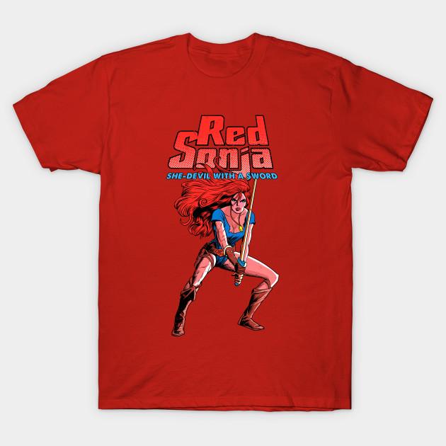 Men Black Print T-shirt Red Sonja No-Cut Transfer Paper Print Cotton Tshirt S красный