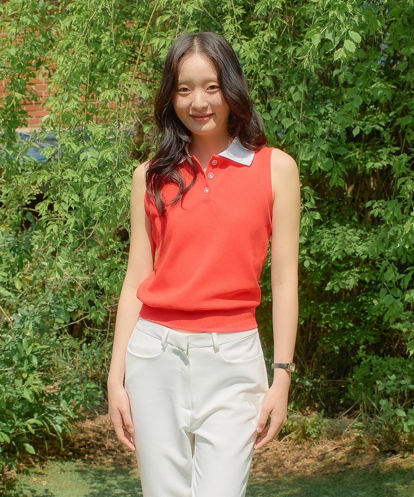 SALON DE YOHN Collar Sleeveless Top_ Red