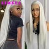 AIMEYA Hell Silber Spitze Front Perücke 13x4 Lang Seidig Gerade Synthetische Perücke Hitzebeständig Natürlicher Haaransatz Tägliche Nutzung Cosplay