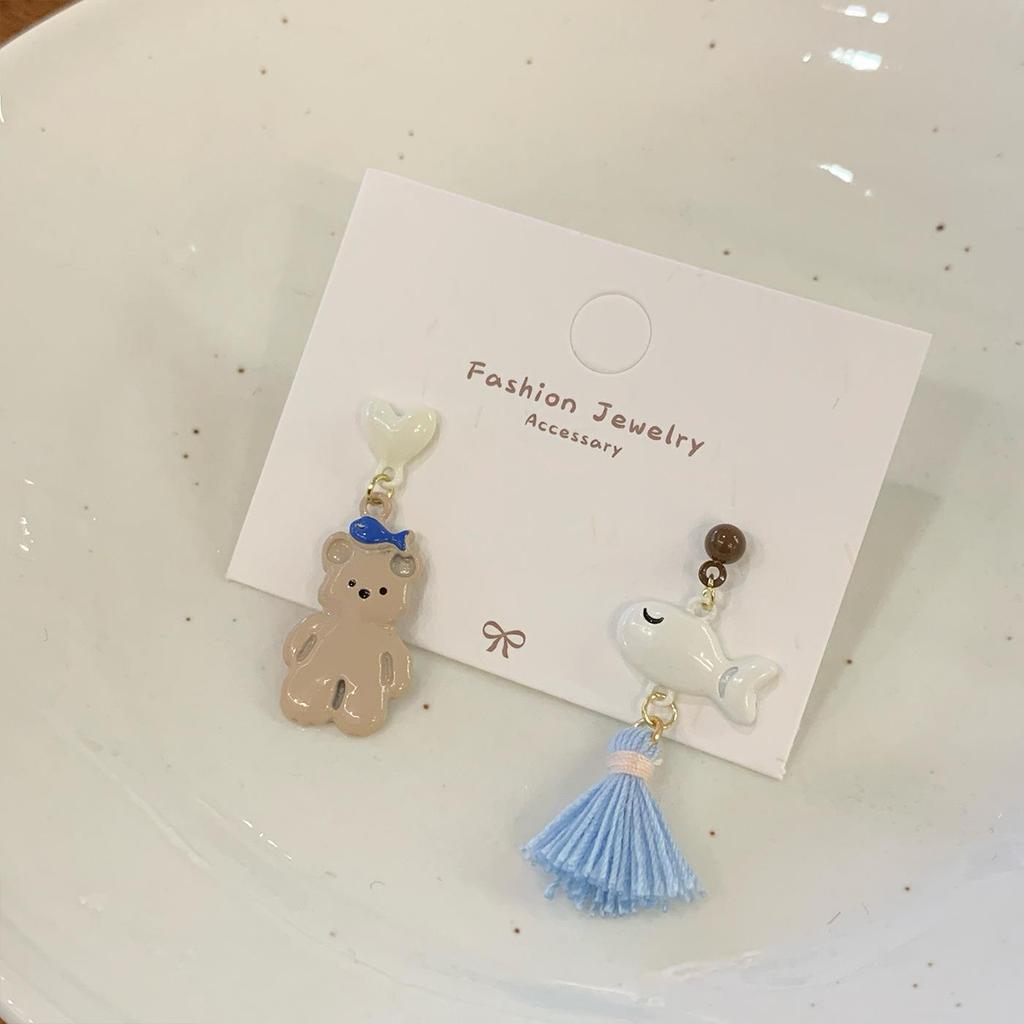 Cute Blue Bear Earrings for Women - Silver Needle Niche Carousel Design