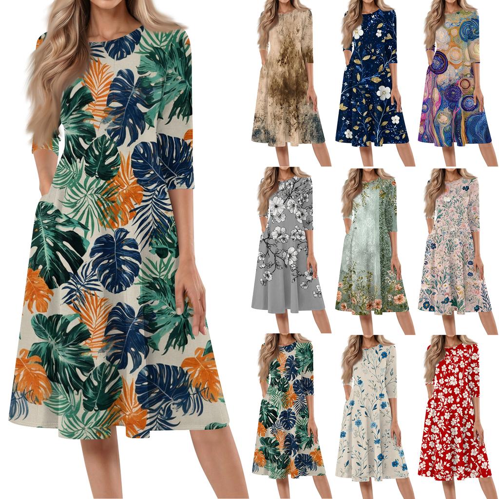 Women's Casual Fashion Round Neck Three Quarter Sleeve Printed Midi Dress