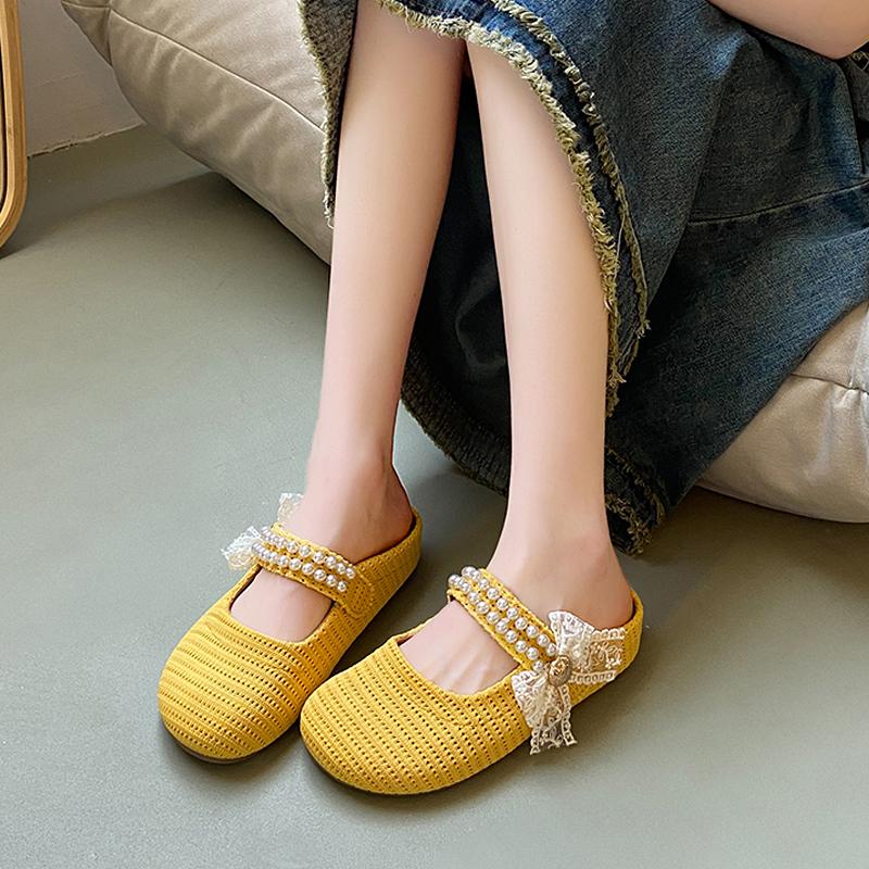 Fashion CRLAYDK Women's Slip On Mules Knit Breathable Slippers Ladies Pearl Strap Backless Slide Walking Dressy Loafers Casual Shoes