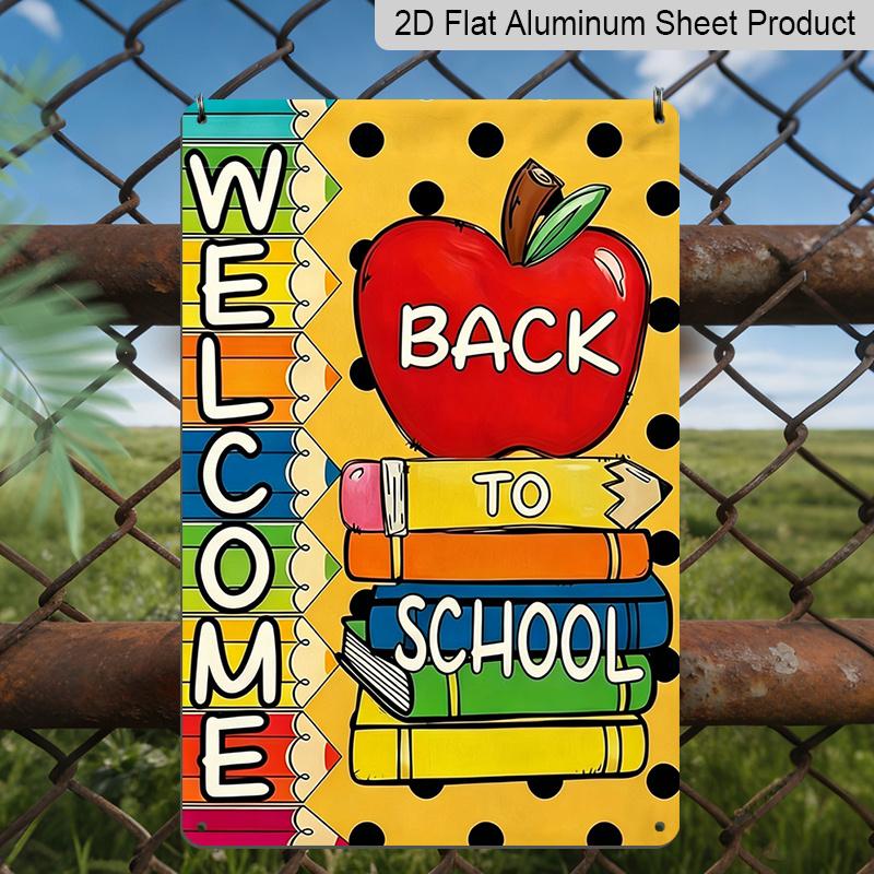 2D Flat, 1pc "Welcome Back To School" Metal Wall Art Sign with Apple & Colorful Pencils - 8*12 Inch Aluminium Classroom Decor, Polka Dot & Rainbow
