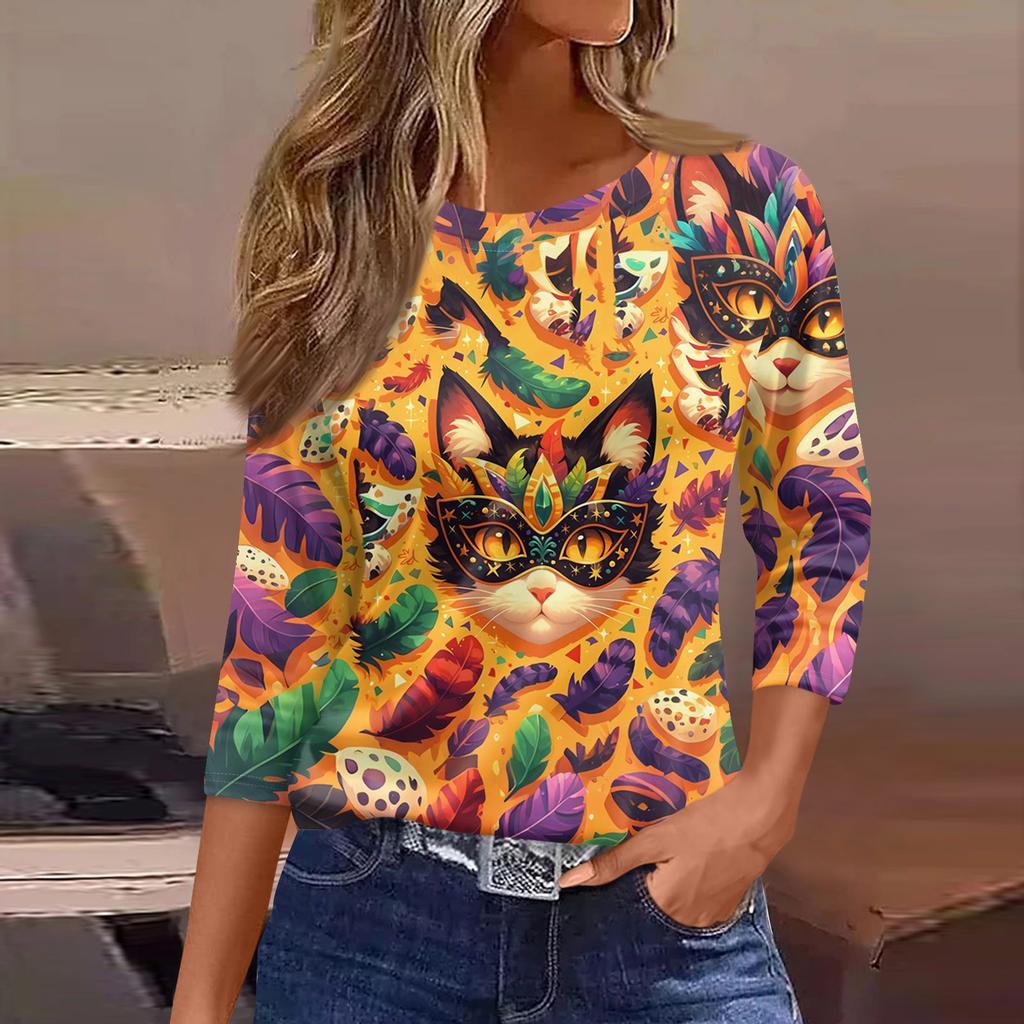 3/4 Length Sleeve Womens Tops Floral Print Vintage Fashion Casual Loose With Round Neck Plus Size Shirts