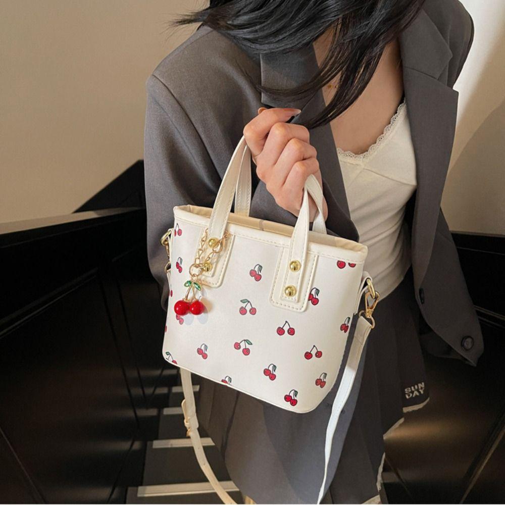 Large Capacity Cherry Crossbody Bag Cherry Pendant Square Tote Bag Bucket Shoulder Bag Streetwear