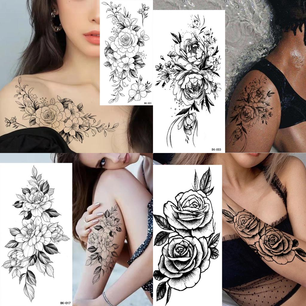 Adesivo Tatuaggio Temporaneo Impermeabile Fiori Rose Gigli Peonie Motivi Geometrici Body Art Braccio Tatuaggi Finti Manica Donna Uomo