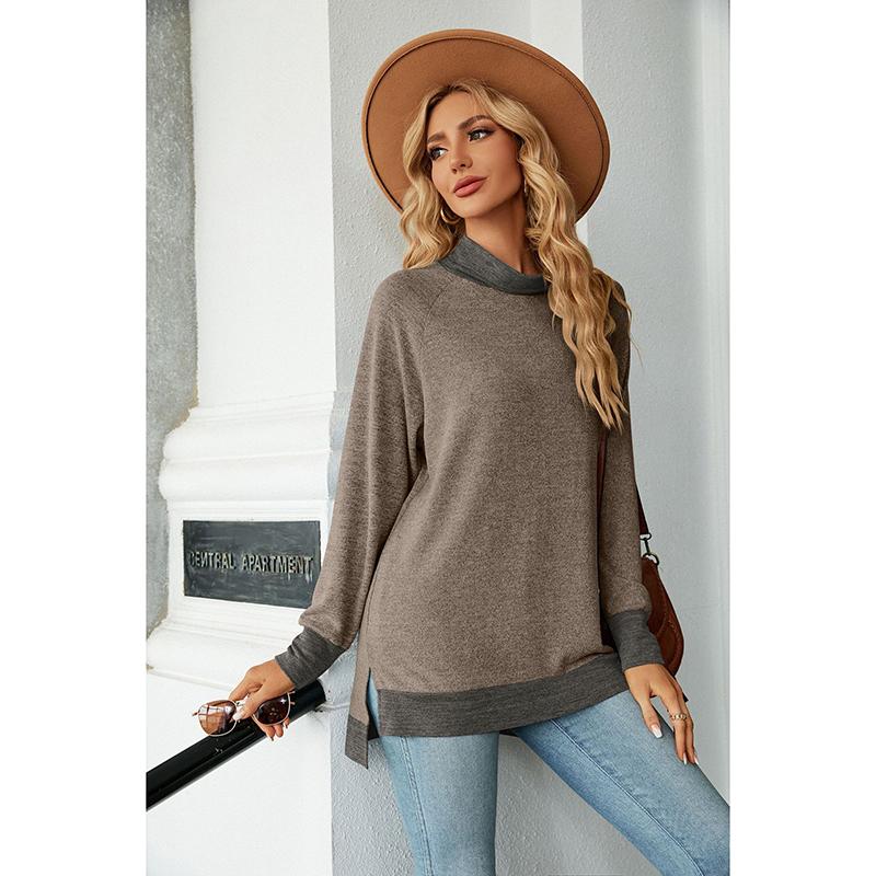 Topuri sexy la modă pentru femei, cu gât rotund, cu mâneci lungi, bluză largi, tricou cu fantă de culoare contrastantă