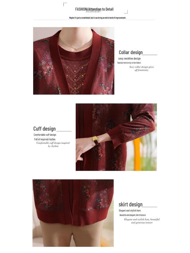 Elegant Jacquard Spring T-shirt Set for 50-Year-Old Women - Enhances Skin Tone, Perfect As Outerwear or Base Layer