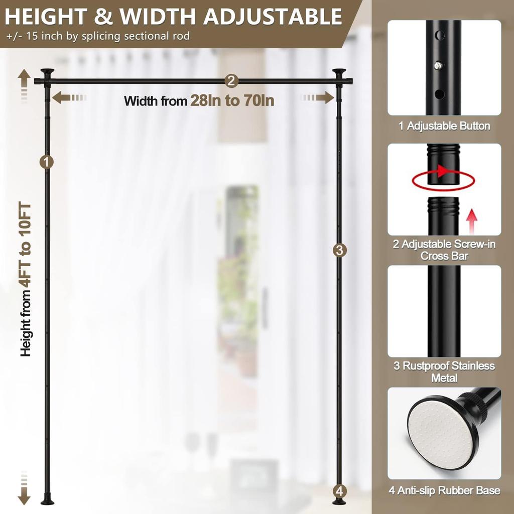 Room No Drilling Curtain Rod Wall Divider for Room Heavy Duty Floor To Ceiling Portable Hanging Room Divders Partitions Space Separator Black Divider,