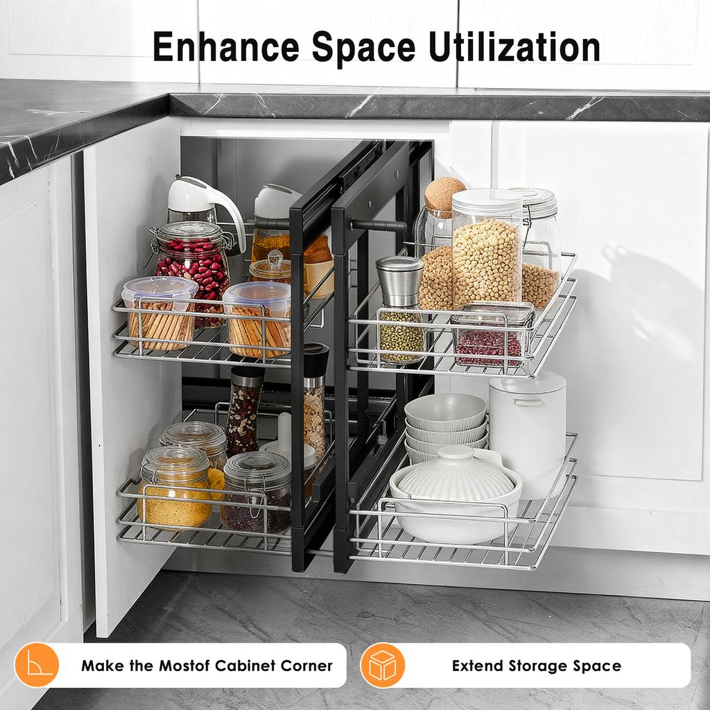 2Tier Opening Blind Corner Pull Out Organizer 4 Shelf Kitchen Cabinet Organizer Slide Out Storage Organizer Basket for Bowls Dis