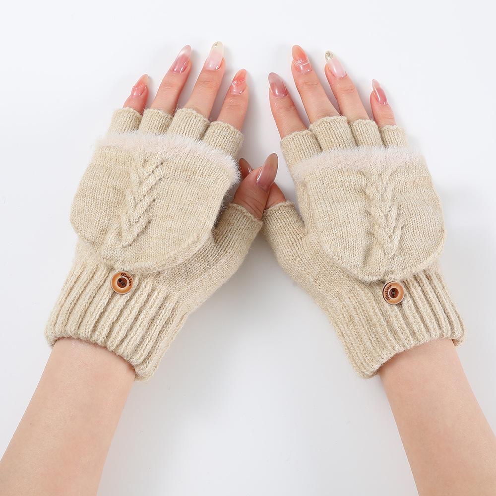 

1 пара осенне-зимних теплых шерстяных вязаных перчаток для женщин и девочек, утепленные флип-перчатки до половины пальцев, варежки легкие хаки