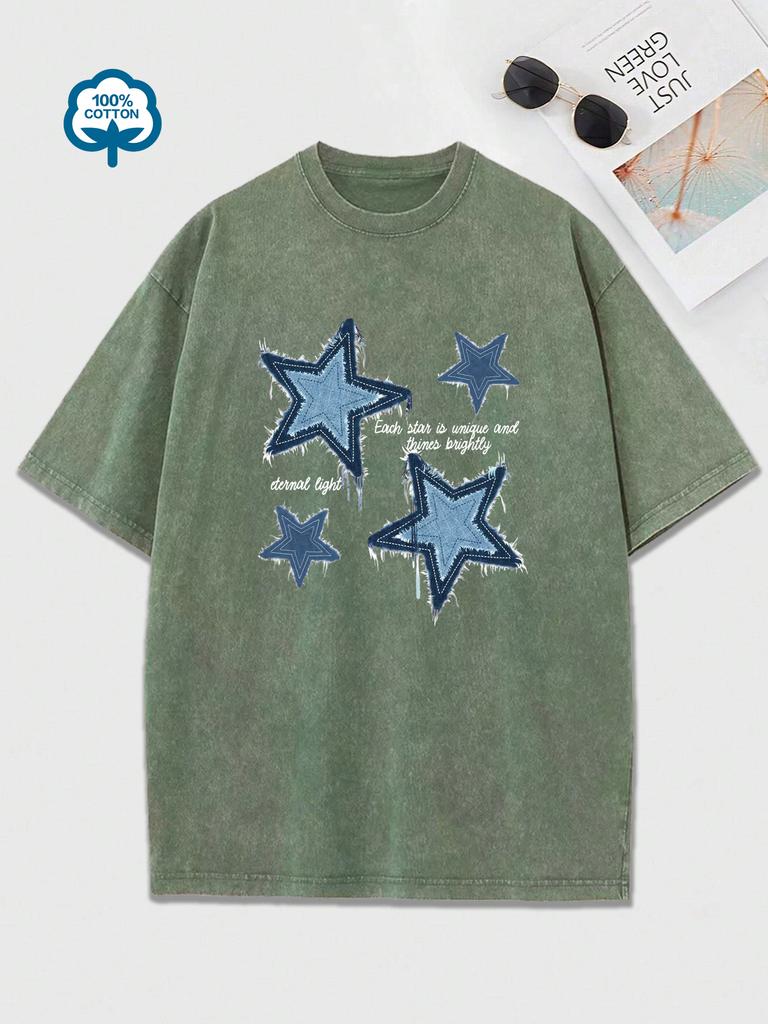 Retro Blue Jean Star Print  Snow Wash T Shirt Woman Y2K Washed Tees O-Neck Casual Short Sleeve All-Match Cotton Womens Clothes