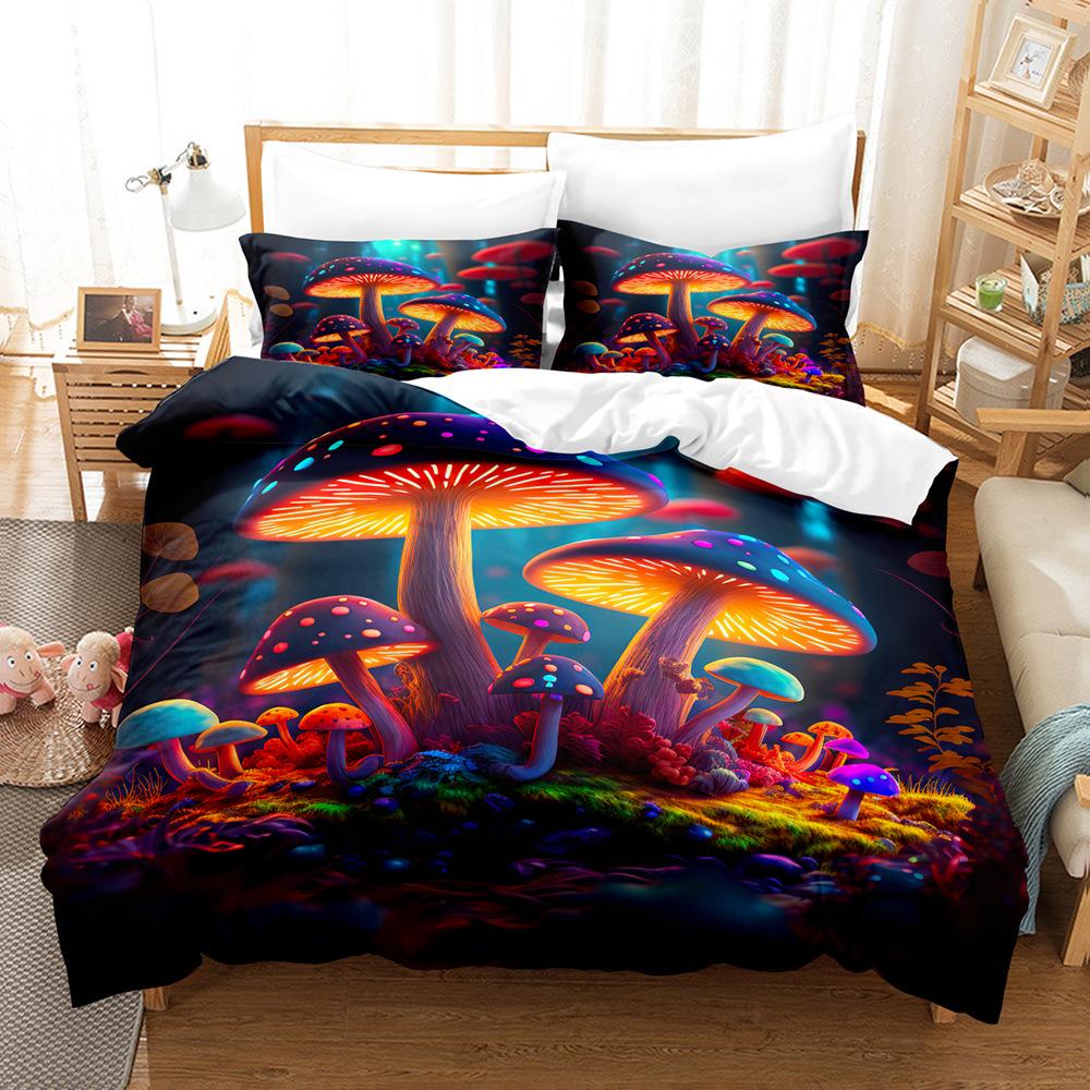 3D Digital Printing Fluorescent Mushroom Series Three-Piece Bedding