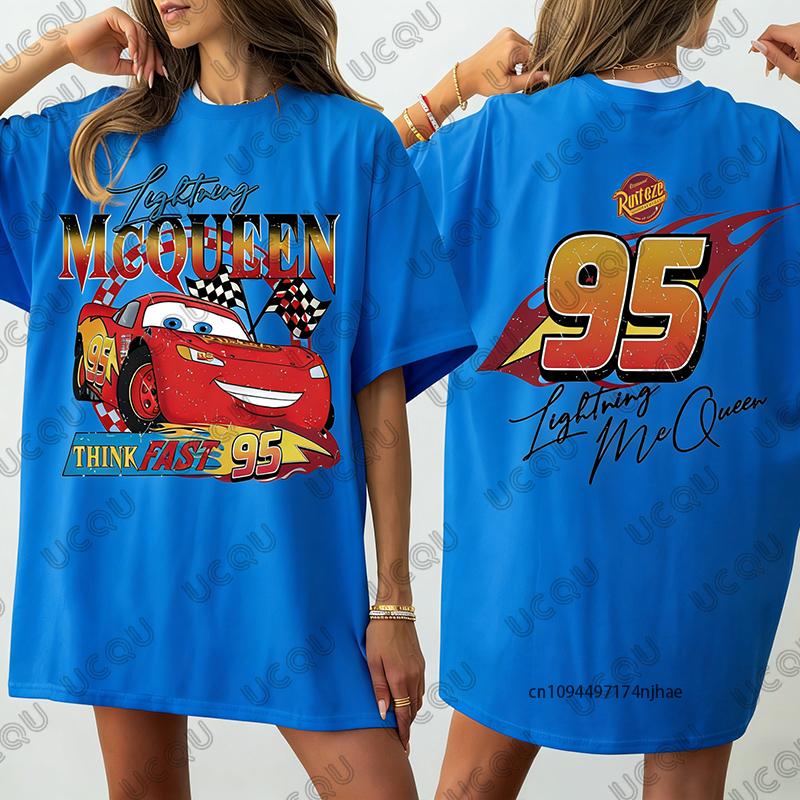 T-shirt in Cotone con Stampa di Auto d'Epoca e Saetta McQueen per Donna, Manica Corta Estiva, Magliette Casual Oversize, Top per Coppie
