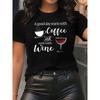 Women's Coffee & Red Wine Print Crew Neck T-Shirt Casual Short Sleeve Comfortable Fashion Top
