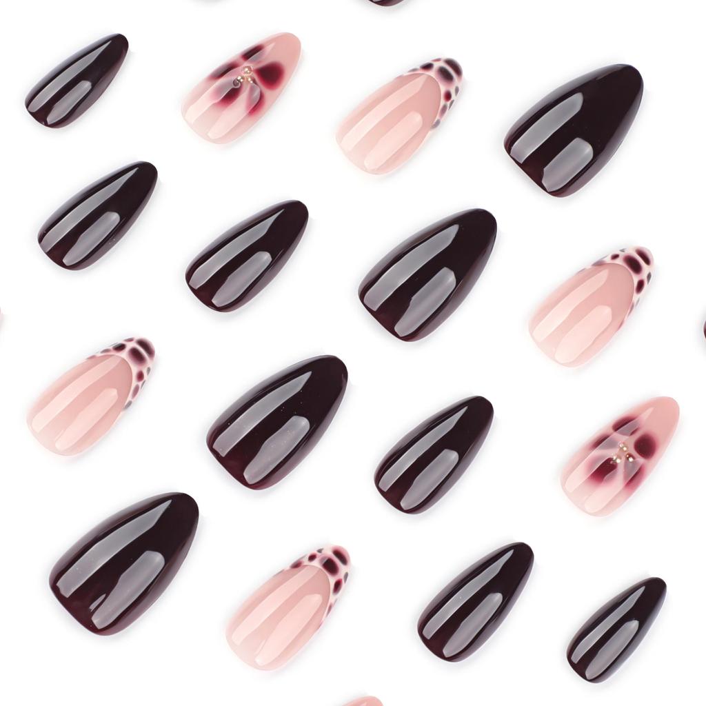 3D French Leopard Print Wearable Wine Red False Nails - Short Autumn/Winter Floral Design Manicure