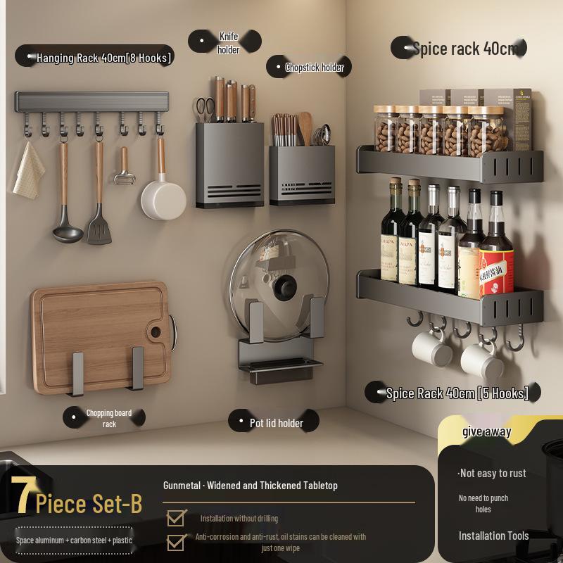 Gun Gray No-Drill Wall-Mounted Kitchen Storage Rack for Knives and Seasoning