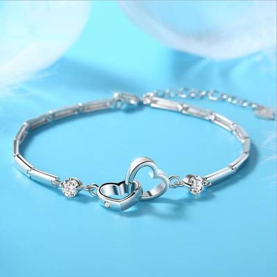 Trendy 925 Silver Bracelet for Women Jewelry Cute Double Heart Crystal Bracelet Lady Lover Valentine's Day Gift Fashion