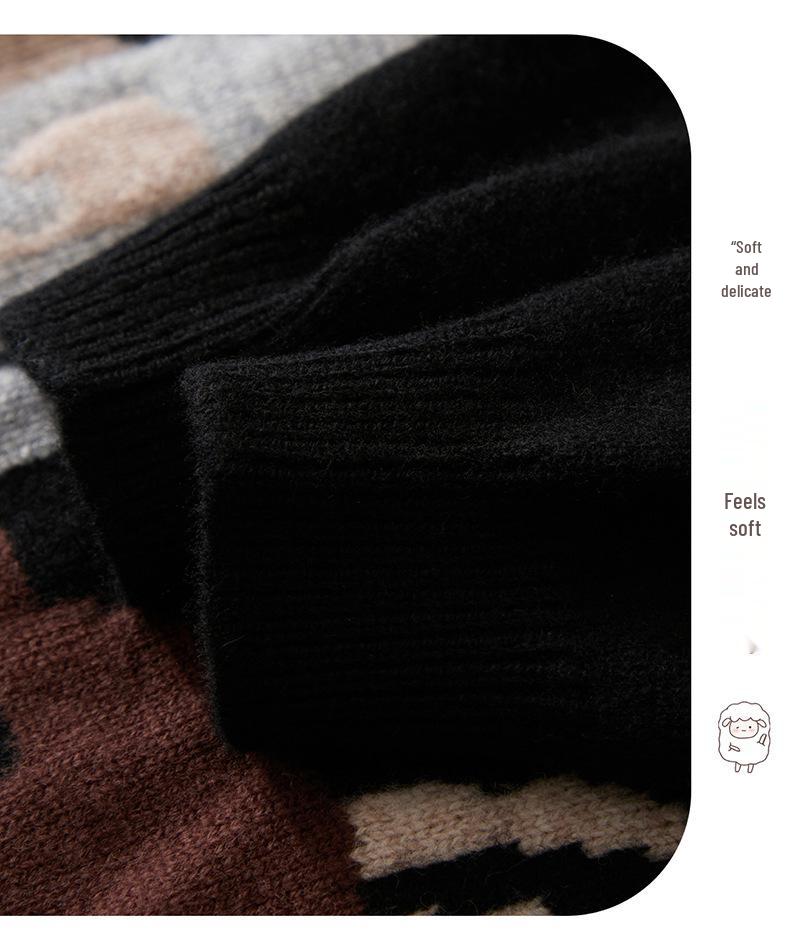 Autumn/Winter Unisex Kids' Pure Wool Round Neck Pullover with Cartoon Animal Embroidery