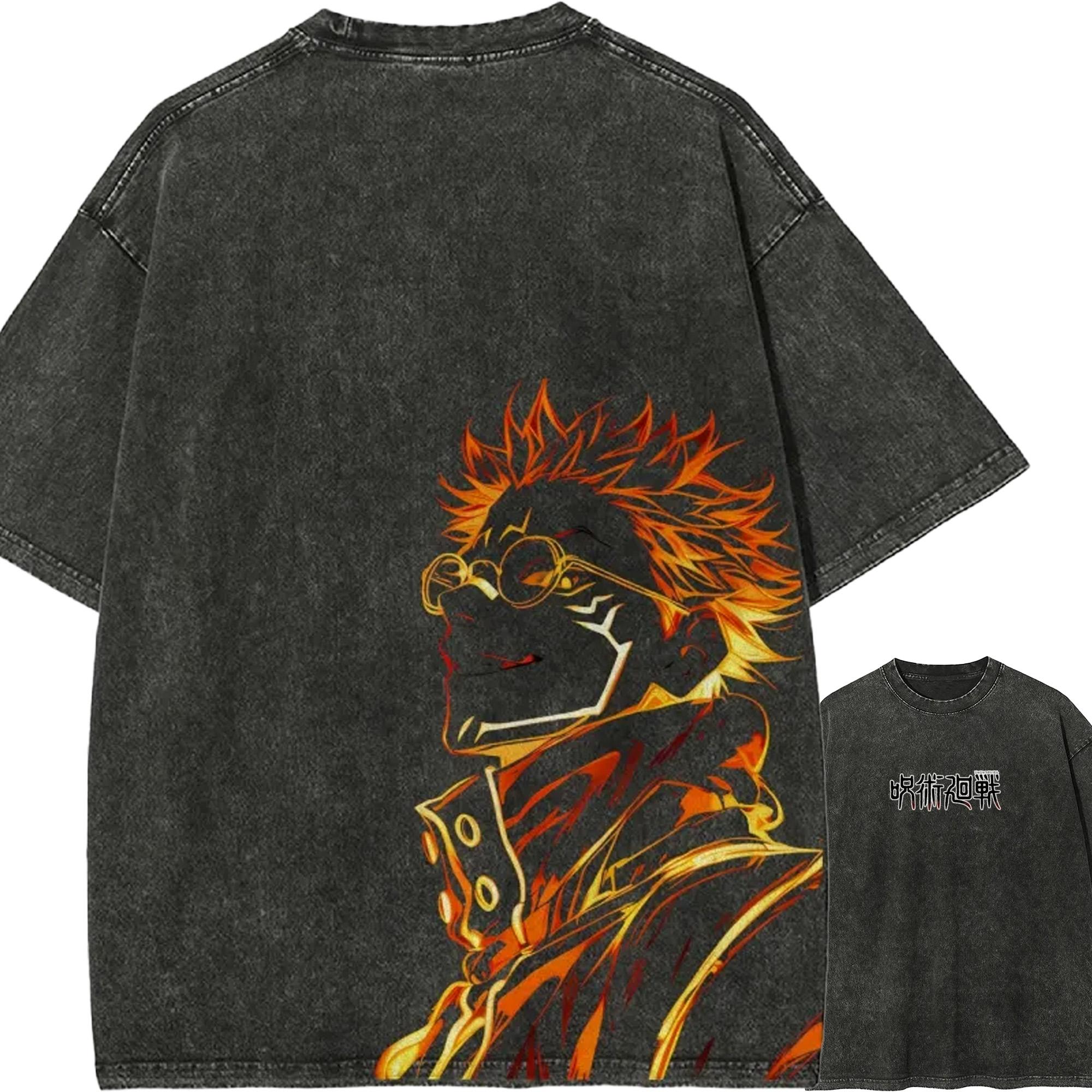 Ryomen Sukuna T Shirt Jujutsu Kaisen Men Acid Wash Sukuna Fire Outline Neon Orange King of Curses Anime Tee M