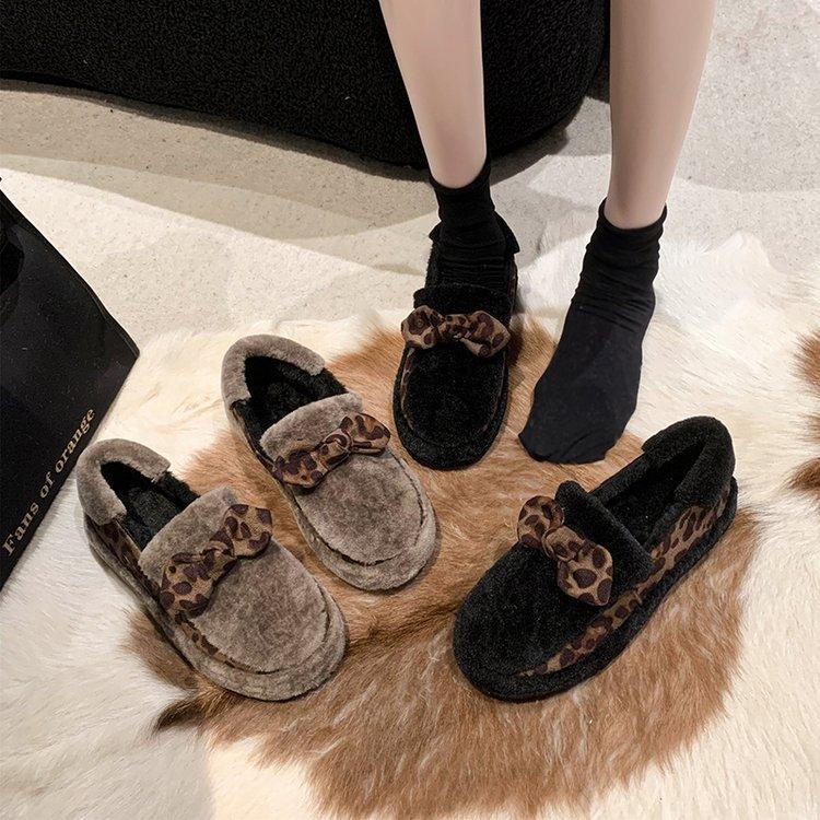 [Yushilai] Fashion leopard print bow loafers women's 2025 winter new thick-soled velvet thermal cotton shoes