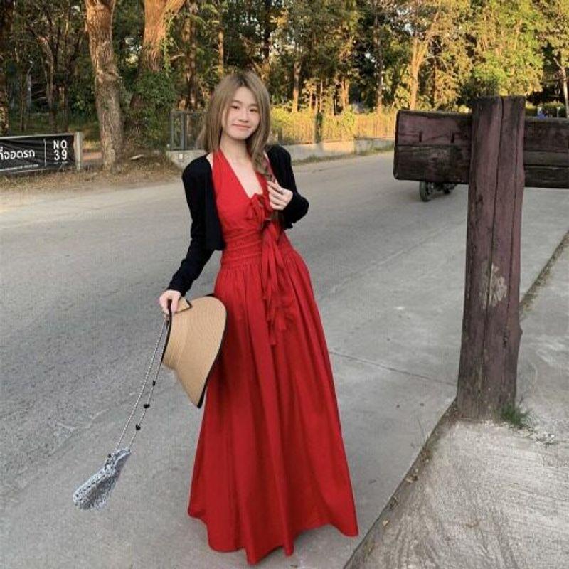 

Plus-Size French Retro Halter Neck Sexy Dress for Women, New Summer Style, Waist-Cinching, Elegant and Stunning Vacation Long Dress Black Jacket M