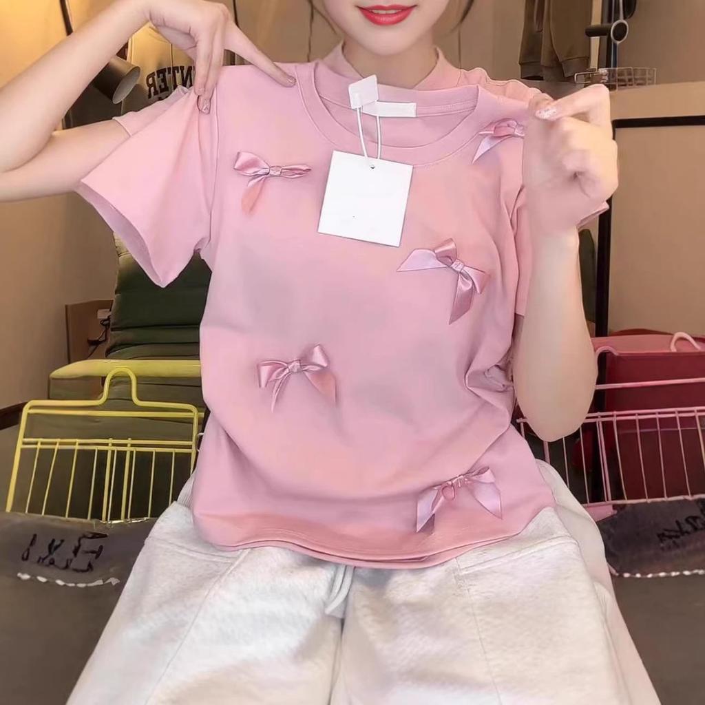 Japanese Pink Bow Short Sleeve T-shirt - Sweet & Spicy Niche Slim Fit Summer Top
