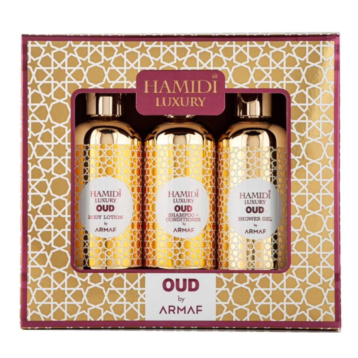 Hamidi Luxury Oud by Armaf, 3 Pieces Gift Set For Men & Women, Shower Gel, Body Lotion, Shampoo & Conditioner 2 in 1 95ml | Alcohol Free | Hair & S