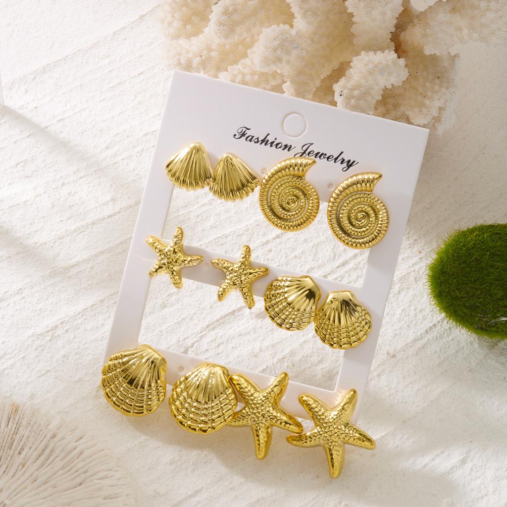 Summer CCB Starfish Seashell Conch Stud Earrings Set for Women Gold Color Star Geometric Earrings Trendy Seaside Beach Jewelry