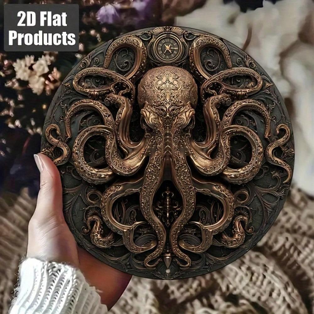 Retro Metal Octopus Wall Art 8 Inch Round Plaque Marine Sea Creature Decor Home Coastal Beach Sign