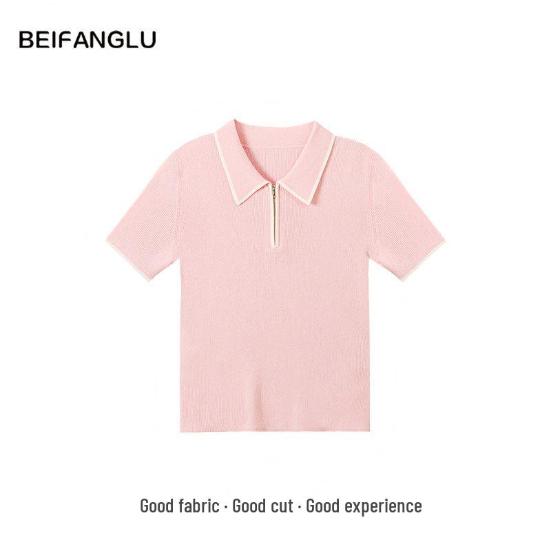 Summer Color Block Polo Neck Knit: Northern Deer Lyocell-Cotton-Linen Short Sleeve