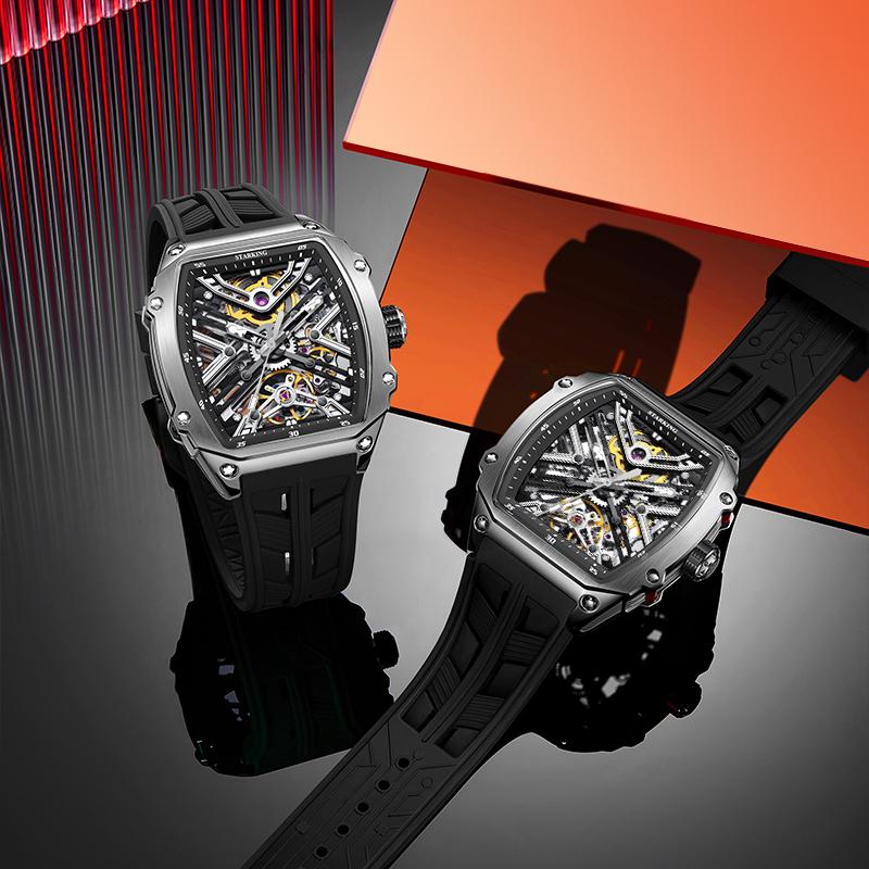 STARKING Men's Waterproof Sports Mechanical Watches Wear-resistant Silicone Strap Automatic Watch Luminous Tonneau Luxury Watch