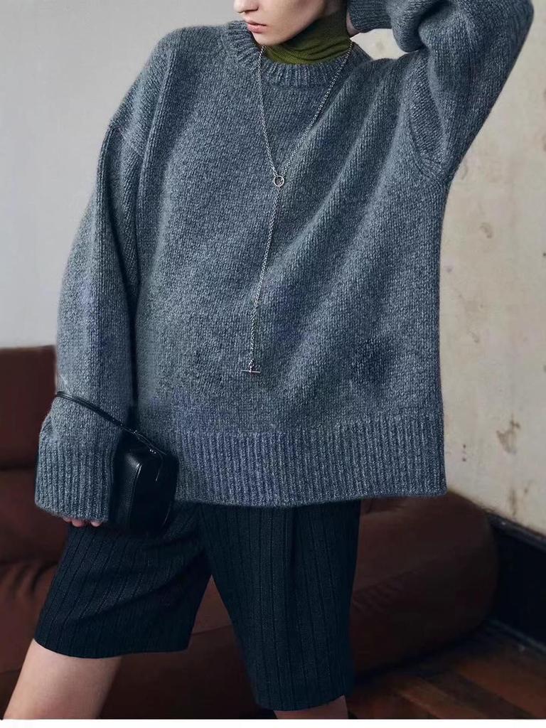 Women's 100% Pure Wool Round Neck Thick Warm Loose Pullover Sweater - Long Sleeve, Autumn Winter Base Layer