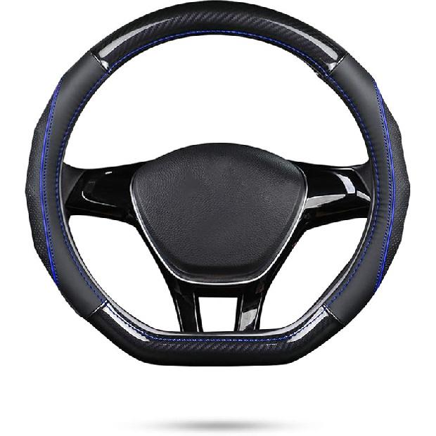 Ergocar Car Steering Wheel Cover Non-Slip Car Steering Wheel Protector Sport D-Shape Carbon Fiber & First Layer Cowhide Universal For Diameter