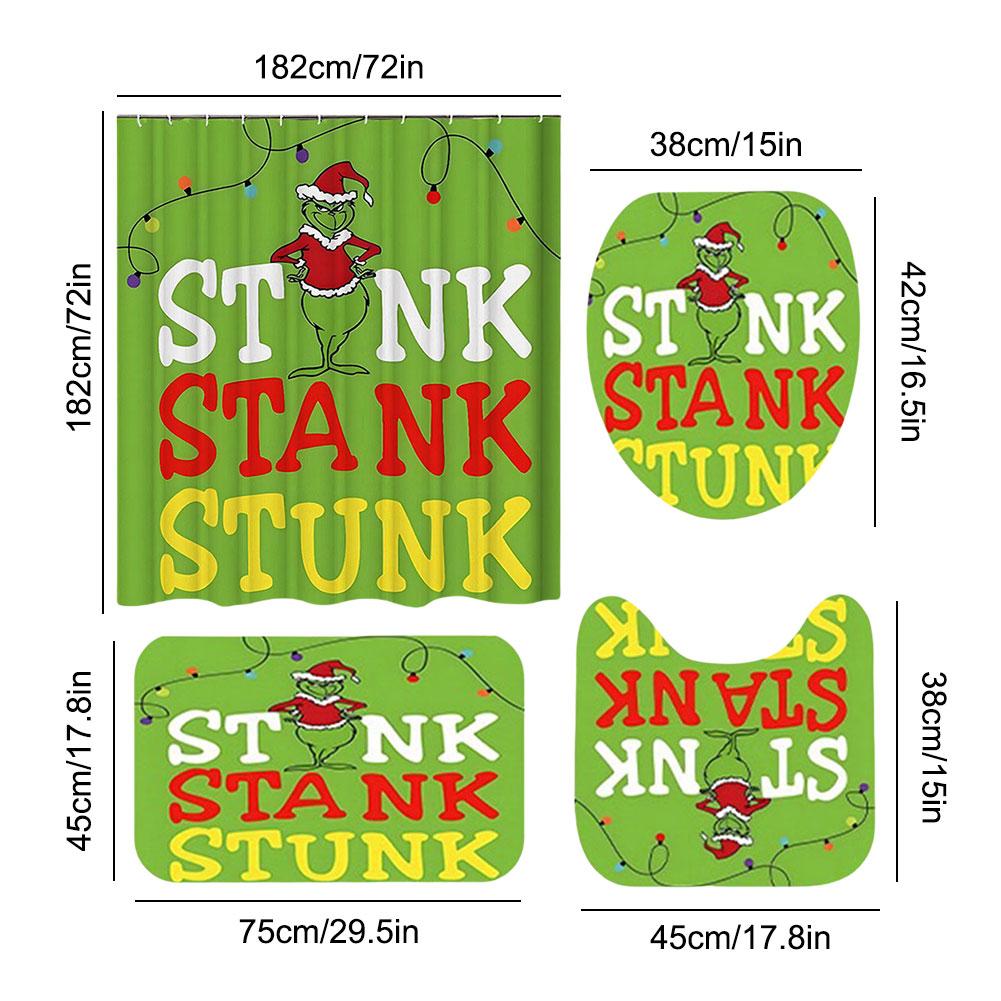 Christmas Snowman Shower Curtains Green W/Non-Slip Rugs Toilet Lid Cover Bath Mat Shower Curtain Set Home Bathroom Curtain Decor