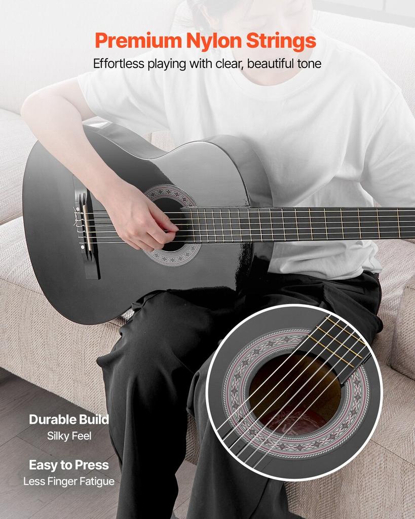 Classical Guitar, 960 mm, Wood Classical Guitar Starter Kit for Beginners, with Nylon Strings, Gig Bag, Strap, Tuner, Extra Strings, Picks, Capo,