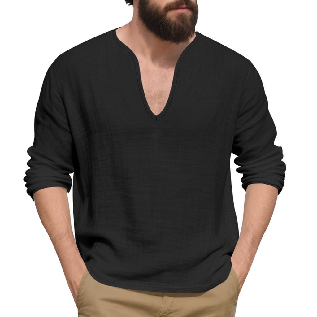 Mens Linen Shirts Loose Fit Long Sleeve T Shirt Solid V Neck Hippie Yoga Pullover