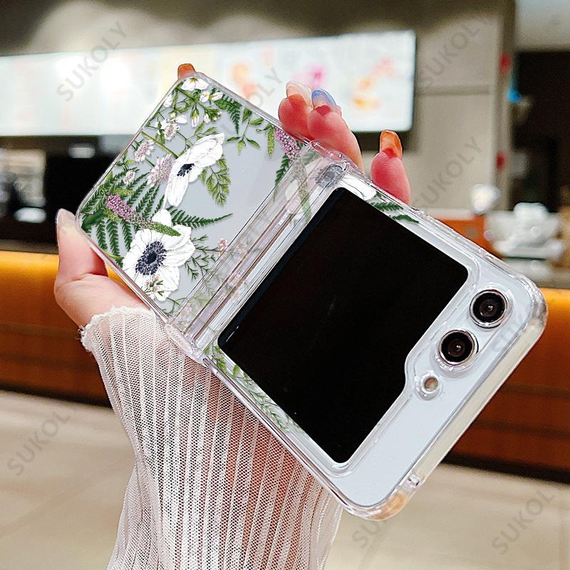 Flower Pattern Clear Case For Samsung Galaxy Z Flip 7 FE 6 5 4 3 Transparent Hard Folding Cover For Samsung Z Flip5 Flip4 Flip6