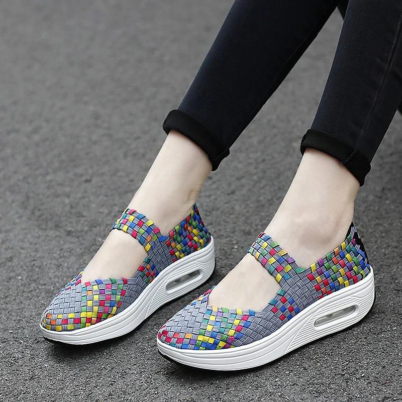 2025 Breathable Casual Women Shoes Loafers Platform Wedges Autumn Woven Slip on Nylon High Heel Pumps Square Dancing