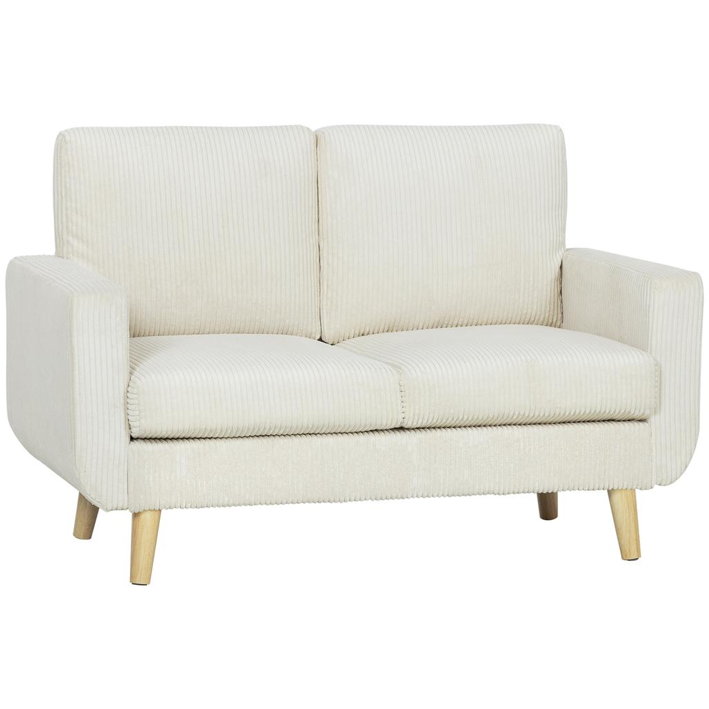 Two-Seater Corduroy Sofa, 134 cm Wide, Upholstered Seat, Spring Cushion, Cream