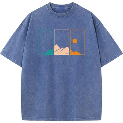 Camiseta masculina lavada com contraste geométrico de cores, camiseta de verão de algodão branqueada, camiseta vintage solta casual alvejada