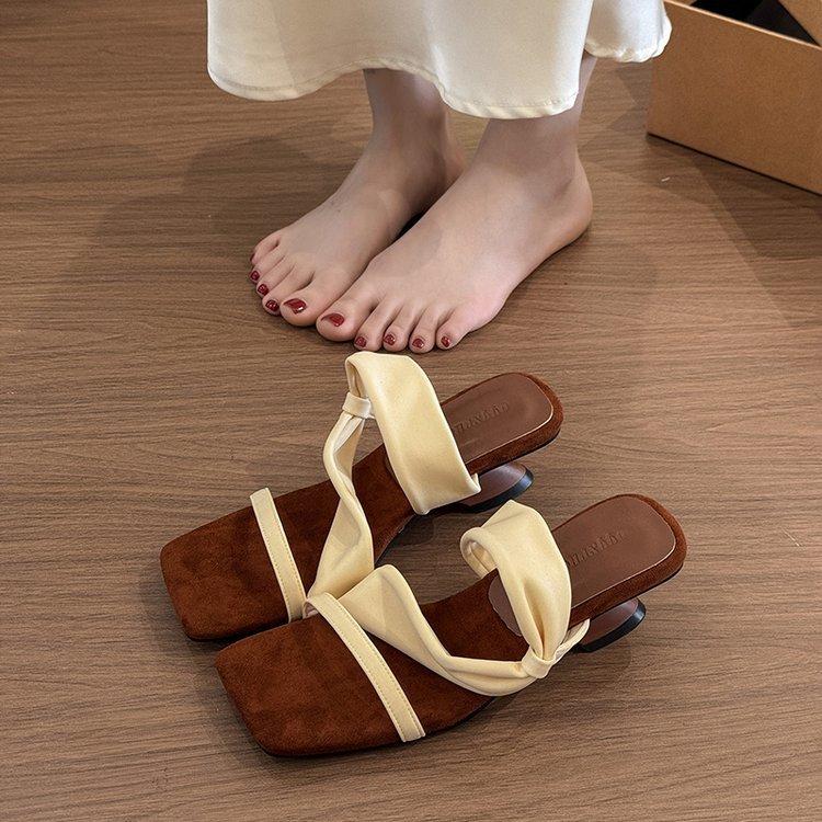 Color Matching Slope Heel Retro Spice Girl Style Slippers~ Square Head Suede One-word Slippers Female Summer and Korean Version Open-toed High-h