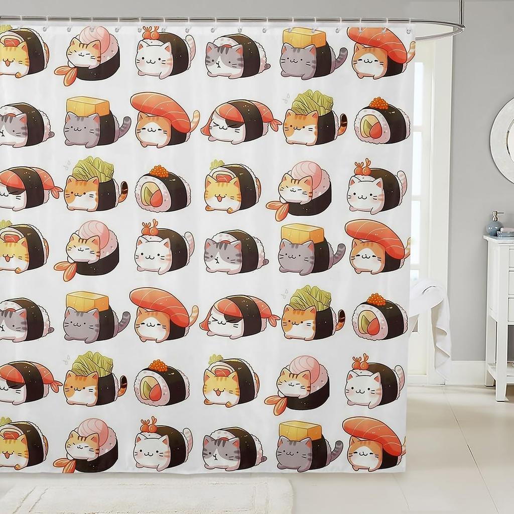 Ramen Noodle Shower Curtain Set Bathroom Decor for Kids Girls Boys,Japanese Style Bathroom Set Funny Food Fabric Shower Curtain
